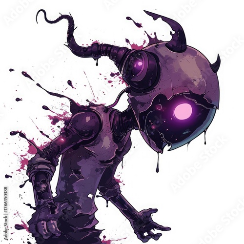 Damaged Robot Demon With Purple Paint Splashes On White Background