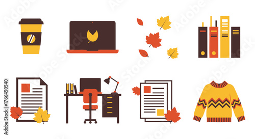 Cozy autumn workspace featuring laptop coffee books and sweater in warm tones