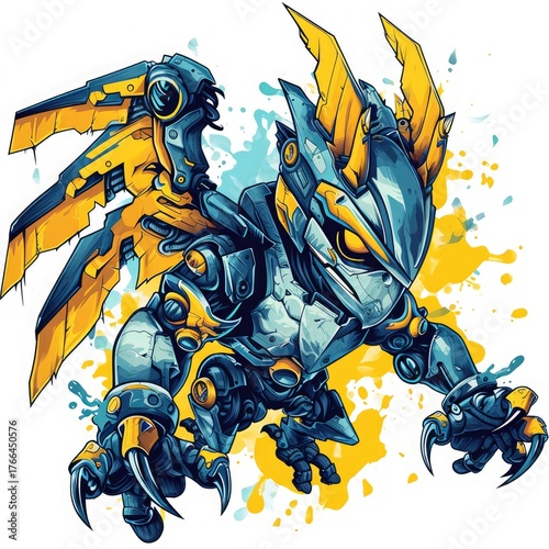 Mechanical Dragonoid With Yellow And Blue Wings On White Background