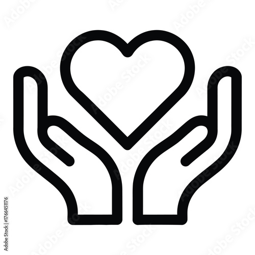 black outline icon of two cupped hands holding heart symbol representing care, compassion, support, love, charity, and emotional connection