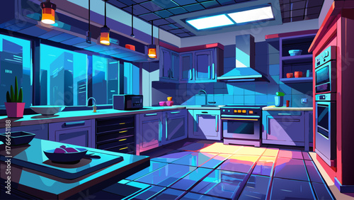 Realistic vector of modern kitchen with blue neon under-cabinet lights, stainless surfaces, warm cozy mood, night interior scene, detailed reflections, soft shadows, contemporary style