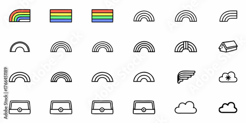 Whimsical assortment of illustrated rainbow, cloud, wing, and treasure chest icons perfect for adding a playful, dreamy touch to creative projects