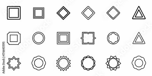 Modern outlined geometric shapes assortment for graphic design projects, creating visual hierarchy, brand identity, and eye catching abstract compositions