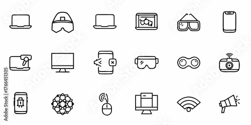 Modern technology icons showcase digital lifestyle with laptop, VR headset, smartphone, monitor and wifi symbol, ideal for tech startup branding