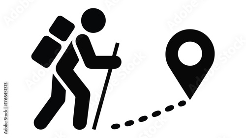 black and white icon of hiker with backpack and walking stick following dotted path toward location marker symbolizing travel and exploration