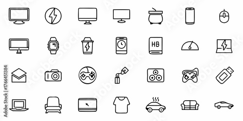 Hand Drawn Icons Representing Everyday Objects and Technology, Perfect for User Interface Design or Infographics in Modern Business Presentations