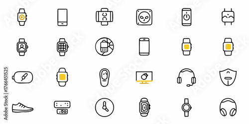 Modern tech gadgets collection featuring smart watches, smartphones, headphones, and fitness trackers for digital lifestyle promotions or technology concepts