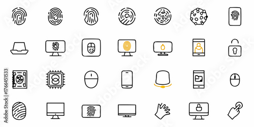 Cybersecurity icons presenting fingerprint scanning, biometric authentication, and digital security, originally a scalable vector graphic