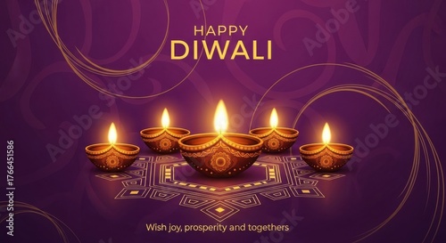 Happy diwali greeting with glowing oil lamps diyas arranged beautifully on a decorative stand against a purple background