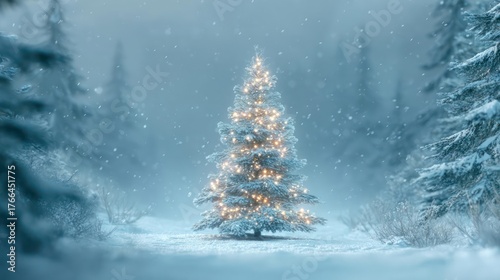 Enchanted christmas tree illuminated with warm lights standing alone in a snowy winter forest landscape