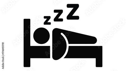 black and white icon of person sleeping in bed with z symbols representing rest, sleep, snoring, and bedtime in universal signage style