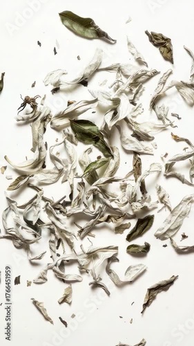 Dried leaves arranged neatly on a white surface