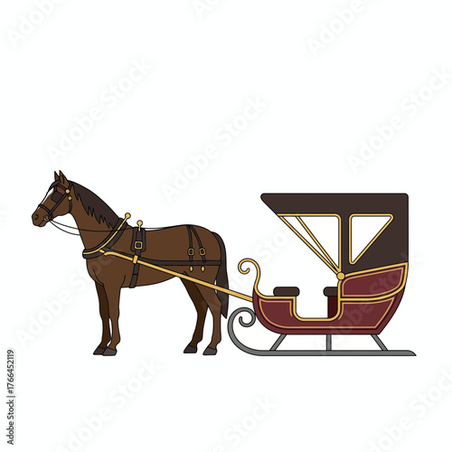 Classic brown horse harnessed to a vintage winter sleigh.