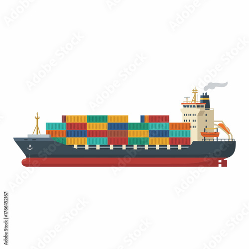 Industrial cargo ship with colorful containers for global shipping and logistics isolated vector illustration.