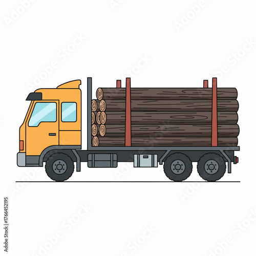 A yellow truck carrying a load of wooden logs on a white background.