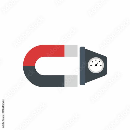 Horseshoe magnet with a gauge measuring magnetic field strength.