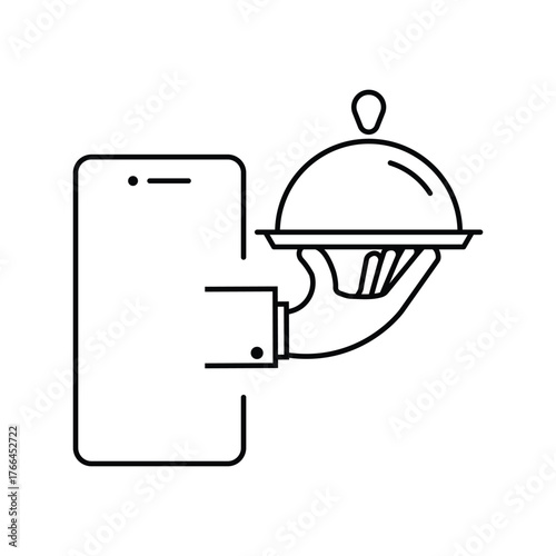 online service food delivery icon, groceries out of smartphone screen, internet shopping, thin line web symbol on white background - editable stroke vector illustration eps10