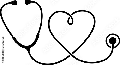 Stethoscope in heart shape, Vector nurse instrument icon Illustration isolated on white background, Vector medical silhouette stethoscope. Isolated on white background
