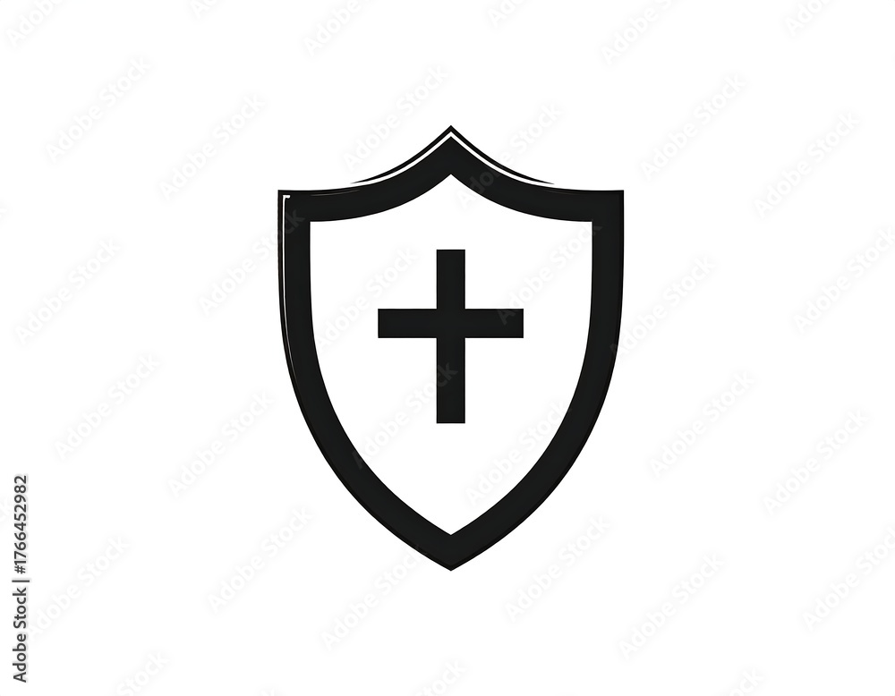Black, shield-shaped icon with a prominent cross inside, simple design Black, shield-shaped icon with a prominent cross inside, simple design