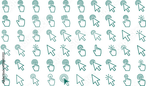 Vector Set of Mouse Cursor and Hand Click Icons: Pointer, Finger Tap, and Outline