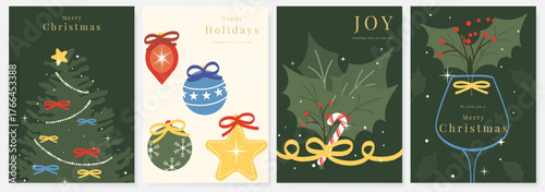 Christmas and Happy holiday greeting card vector set. Elegant wallpaper with pine tree, bauble, candy cane, wine glass. Holidays design illustration for cover, print, poster, Happy New Year, ads.