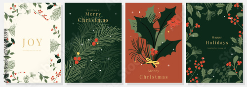 Christmas and Happy holiday greeting card vector set. Elegant wallpaper with pine leaves, holly leaf, branch, stalk. Holidays design illustration for cover, print, poster, Happy New Year, ads.