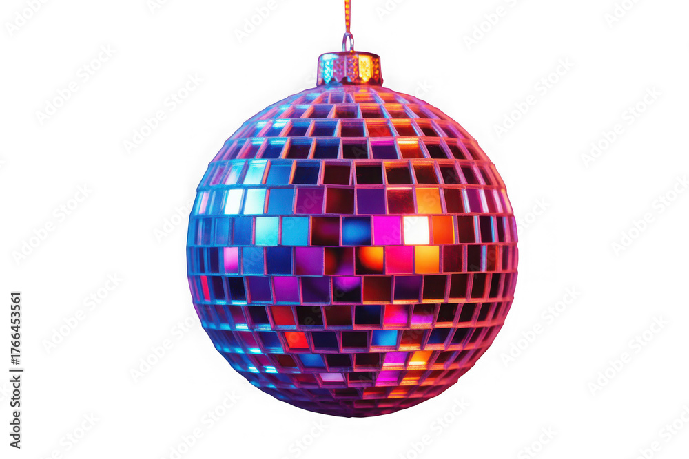 Fototapeta premium 3d icon Shiny multicolored for ball Winter christmas ornament hanging, Nativity isolated on transparent perfect festive disco background, designs
