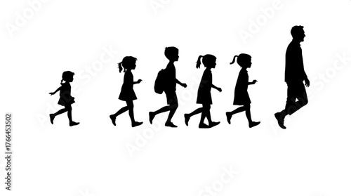 Marching Together

A line of silhouetted figures—five children and one adult—walking from left to right across a white background. Each figure has a distinct pose, some walking energetically, others l