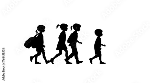 Marching Together

A line of silhouetted figures—five children and one adult—walking from left to right across a white background. Each figure has a distinct pose, some walking energetically, others l