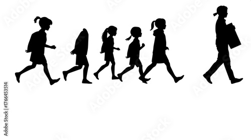 Marching Together

A line of silhouetted figures—five children and one adult—walking from left to right across a white background. Each figure has a distinct pose, some walking energetically, others l