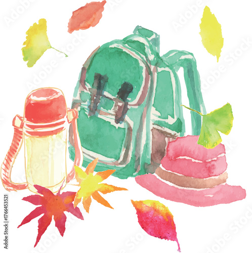 秋の行楽　リュックと水筒と紅葉のイラスト