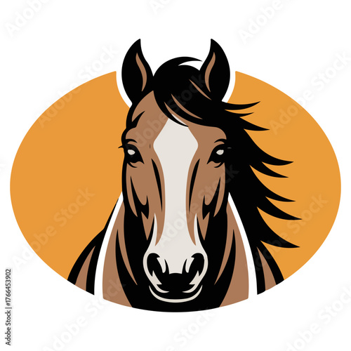 A graceful horse head illustration inside a light orange oval. The image features a horse with a dark flowing mane, perfect for equine designs