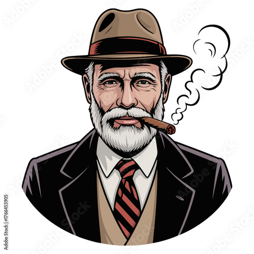 A sophisticated gentleman enjoys a cigar, exuding an air of elegance and confidence. He is wearing a classic hat and suit, and his demeanor suggests experience and wisdom