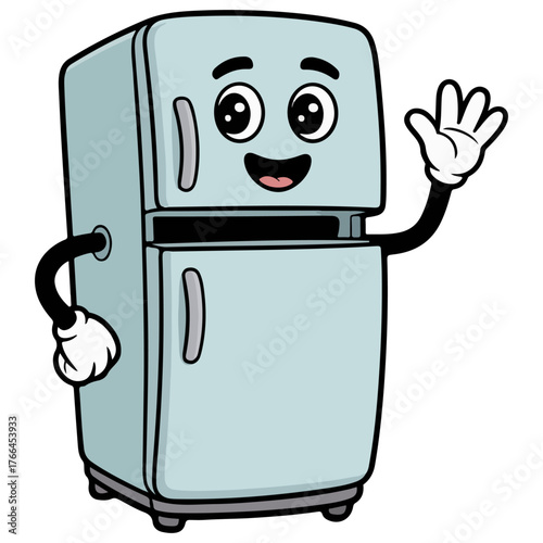 A cartoon illustration of a happy refrigerator waving its arm