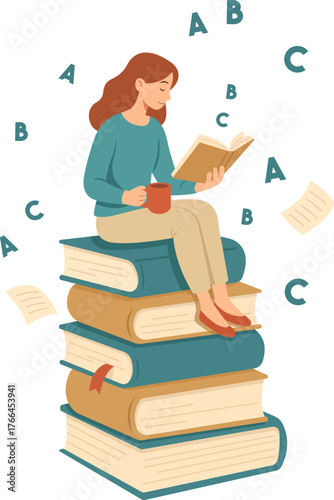 Flat vector illustration of a woman sitting on a pile of books with a cup of coffee, reading and learning. Perfect for education, studying, literature, or self-development concepts.