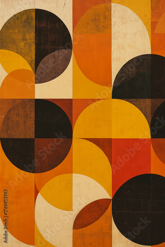 Mid-Century Geometric Abstract Painting with Circles and Textured Shapes – Vintage Style