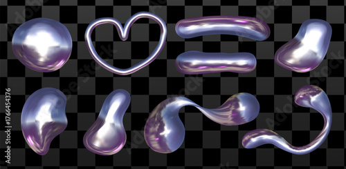 Chrome 3D shape with glossy Y2K tones. Abstract metal heart form radiates fluid texture and high-shine 3D chrome finish.