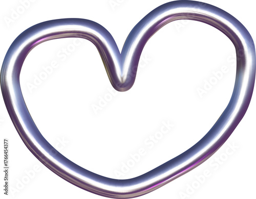 Y2K chrome element in soft metal tones. Glossy 3D heart shape with liquid curves and reflective 3D chrome metal design.