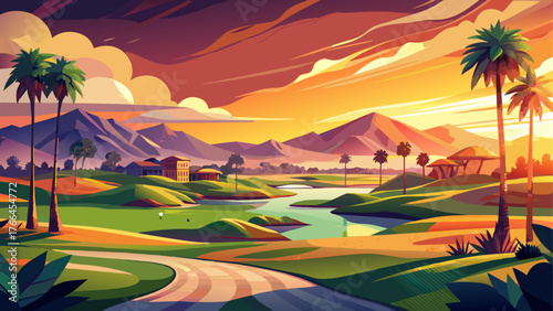 Very beautiful, golf course at sunset in Palm Springs, California, glowing fairways, palm trees, distant mountains, golden sunlight, tranquil landscape, and serene desert oasis under the warm evening 