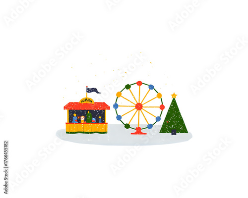 Christmas fair with Ferris wheel and festive tree