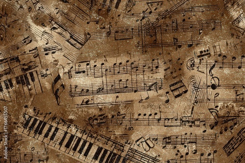 Detailed Music Score Sheet Pattern with Faded Brown Texture and Black Musical Notes