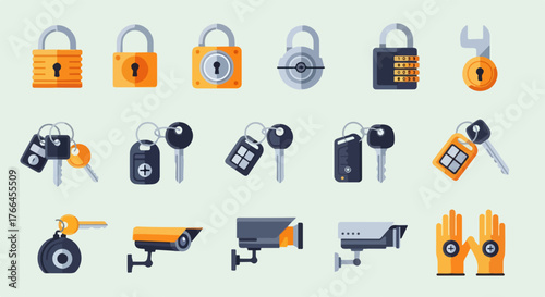 A diverse collection of flat design vector icons representing security, safety, and protection concepts, featuring various padlocks, keys, and surveillance cameras