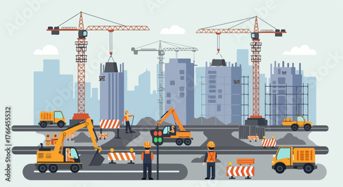 Construction Site in a City Building Skyscrapers with Cranes, Heavy Equipment, and Workers
