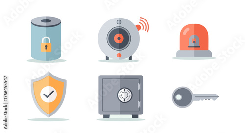 Collection of essential security and protection flat icons, featuring symbols for digital privacy, surveillance cameras, alarm systems, secure storage, and access keys