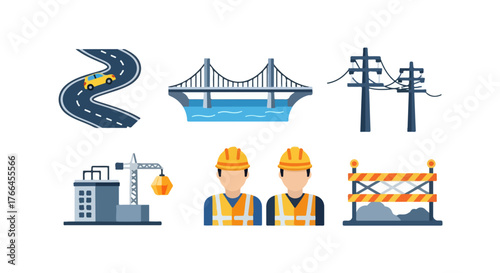 Construction and Infrastructure Icons Road, Bridge, Power Lines, Factory, Workers, and Barriers