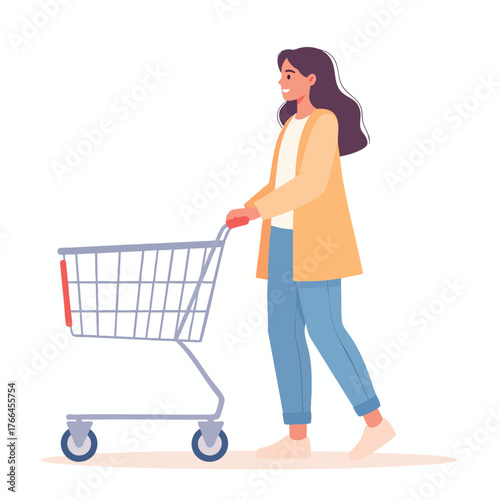 A woman smiling and pushing an empty shopping cart, walking to the right.