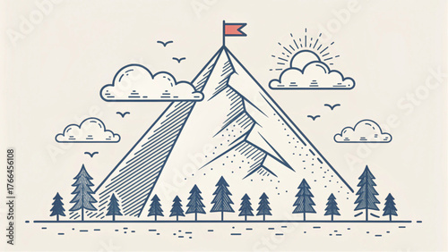 Hand drawn mountain peak with flag and sunrise symbolizing success and achievement