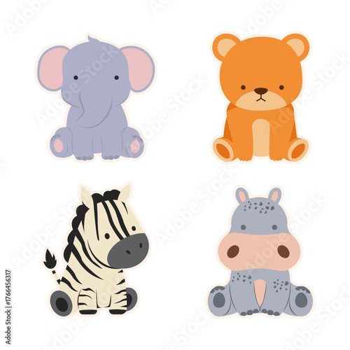 Cute Safari Animal Vector Set Elephant, Bear, Zebra & Hippo BIG.eps