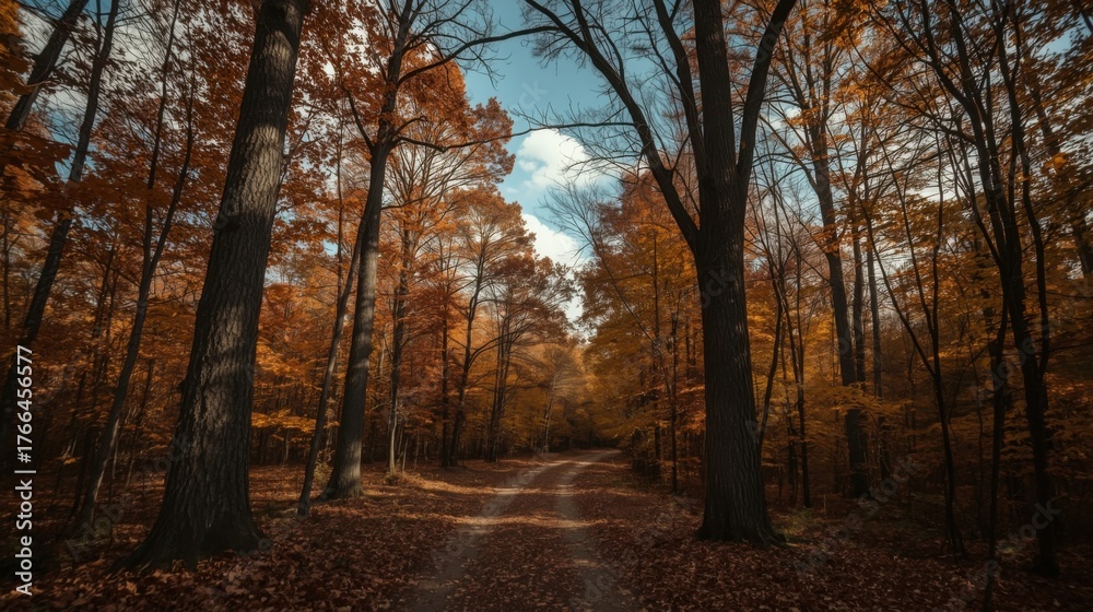 Fototapeta premium A dirt road winding through a forest of trees with autumn leaves and a glimpse of blue sky above the trees