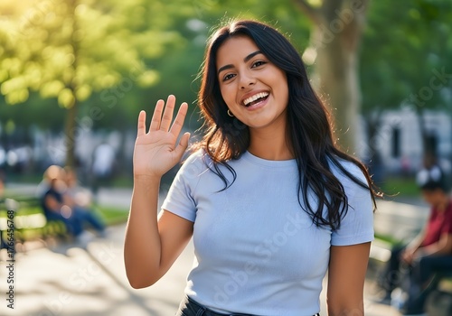 Wallpaper Mural Happy woman waving hand outdoors in park, greeting, smiling, cheerful, positive expression, summer, daytime. Torontodigital.ca